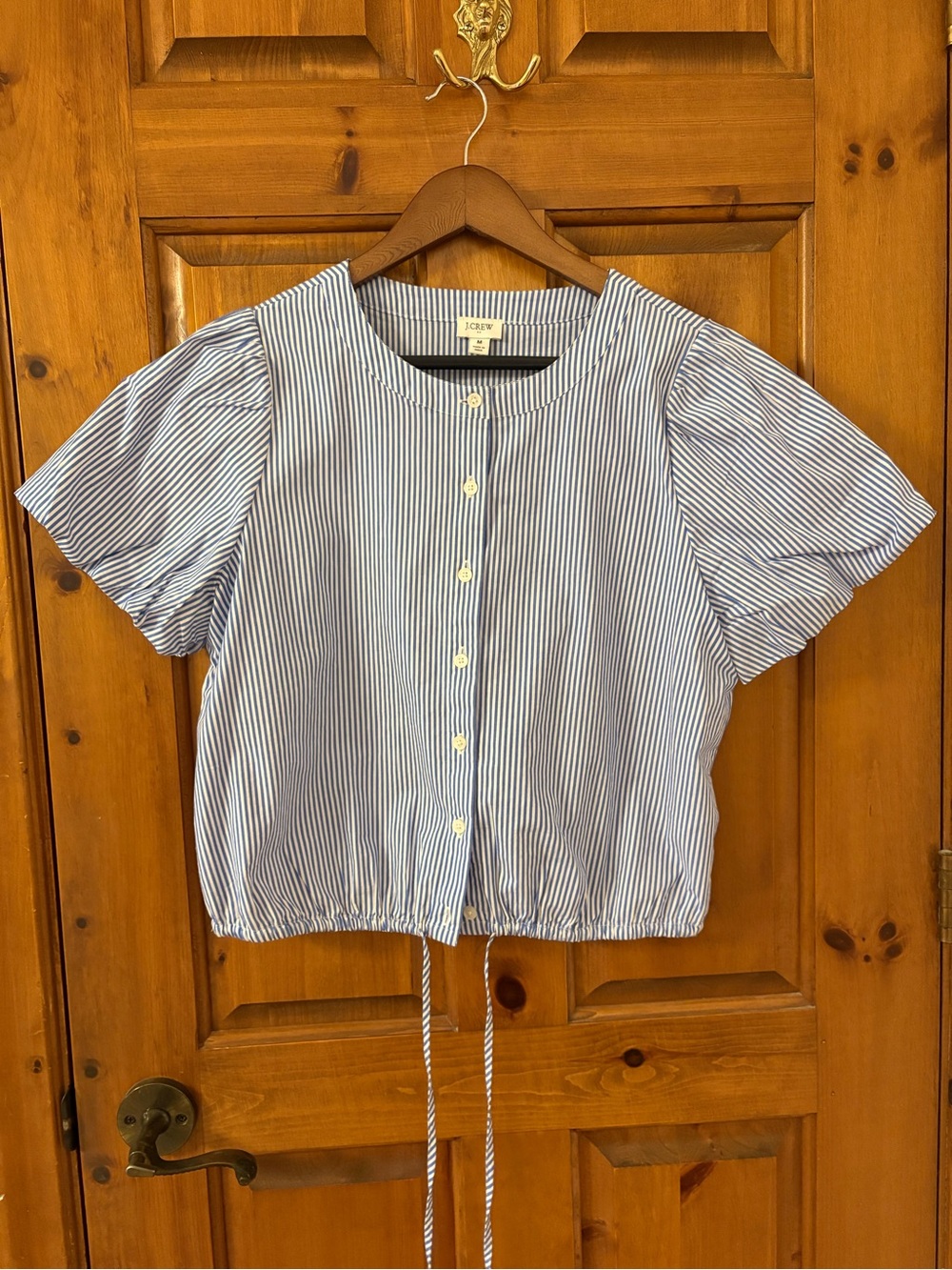 J. Crew Factory, cotton blue & white Striped Button-Front Tie-Hem Top, medium